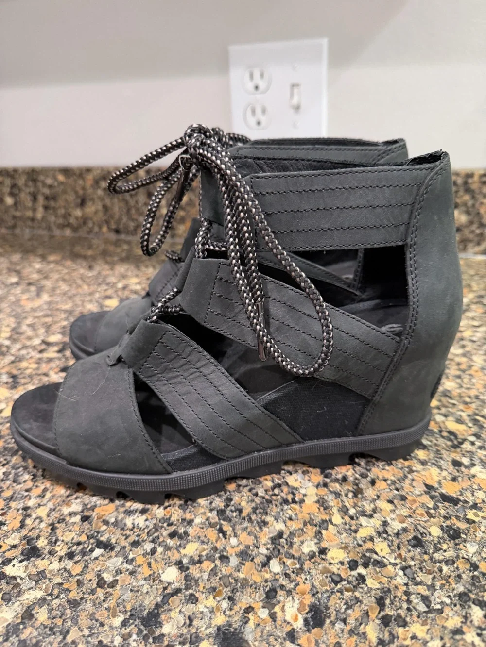 Sorel Black Lace-Up Wedge Sandals with Cutout Straps 8.5